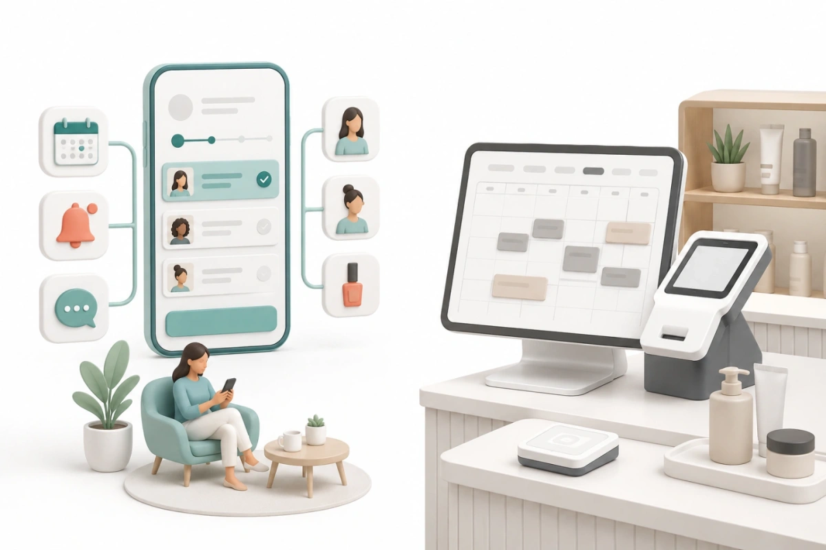 Side-by-side of a self-serve booking flow and a front-desk terminal setup
