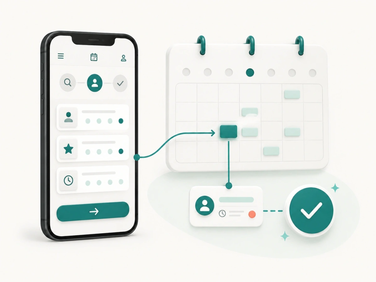 Booking flow, calendar, reminders, QR booking and staff availability shown together