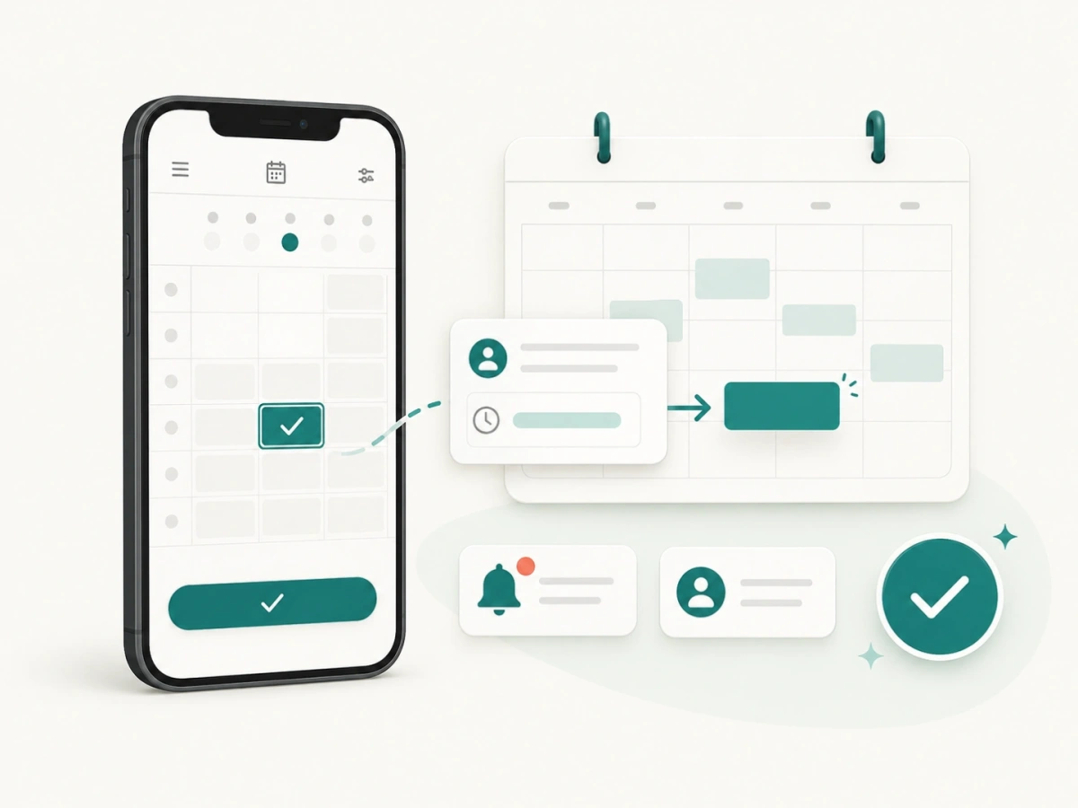 FindSlot booking page on a phone beside the team calendar
