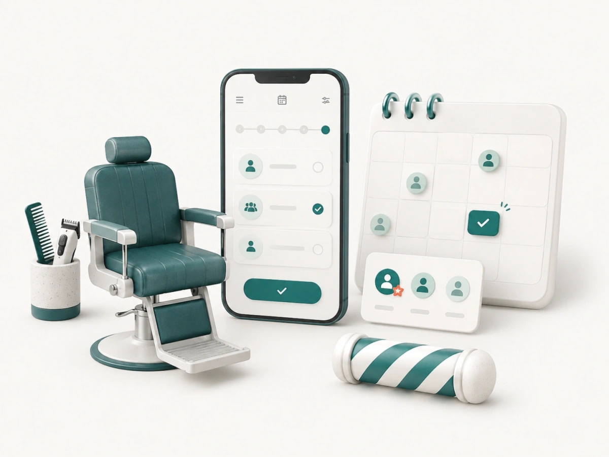 Barber chair and clippers beside a phone booking screen for choosing a barber, a calendar, and a barber pole