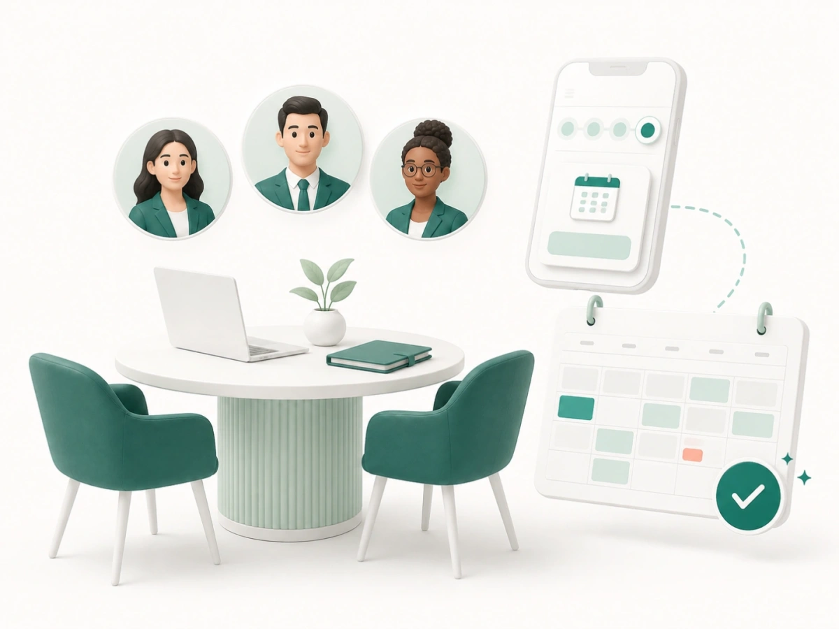 Business consultation table, specialist profiles, and a confirmed booking calendar