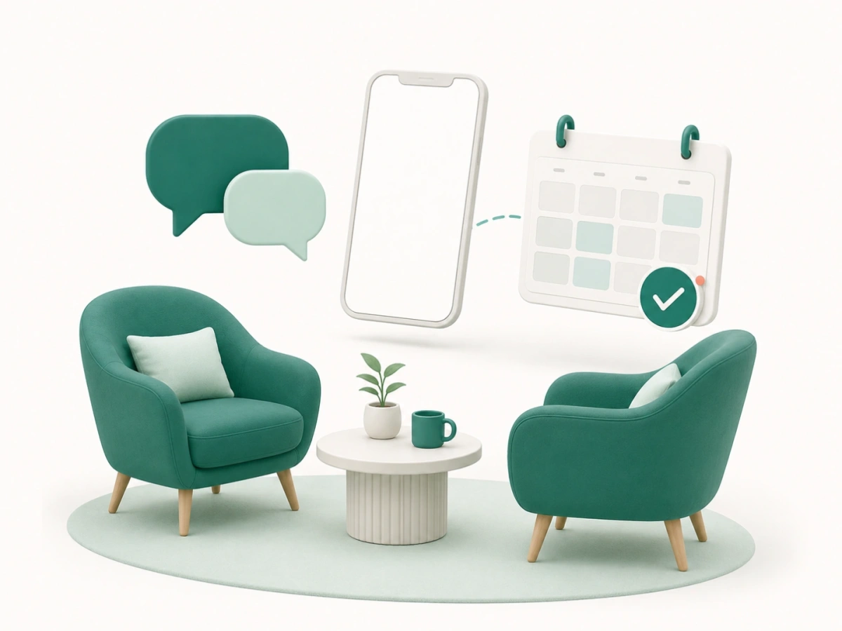 Two coaching chairs with a booking phone and confirmed appointment calendar