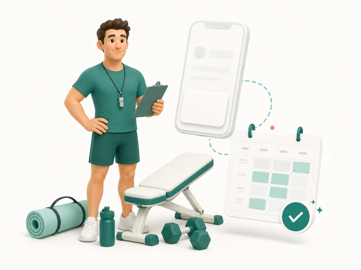Personal trainer, private workout equipment, and a confirmed scheduling calendar