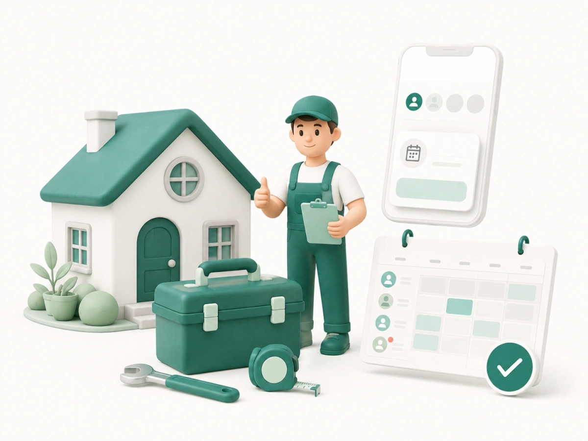 Home service technician, toolbox, booking phone, and confirmed visit calendar