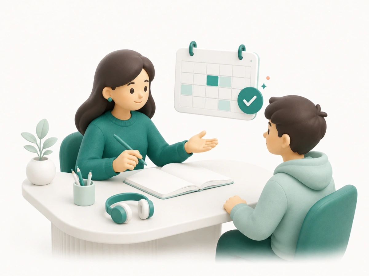 One-to-one lesson with a teacher, learner, book, and confirmed calendar