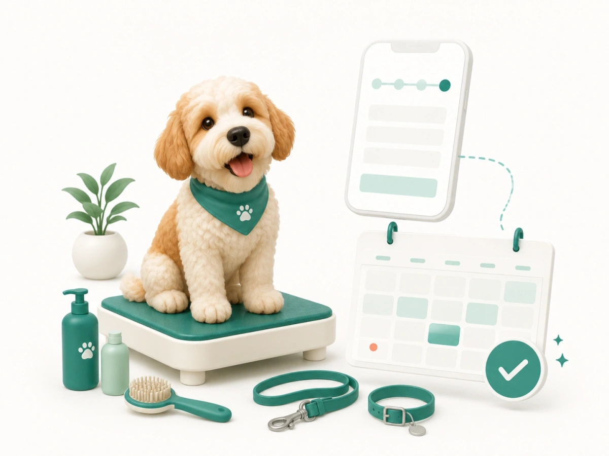 Dog grooming setup with a booking phone and confirmed appointment calendar