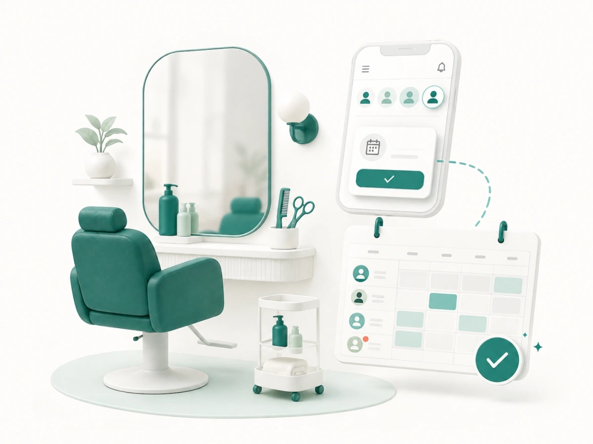 Salon chair and mirror beside a stylist booking calendar