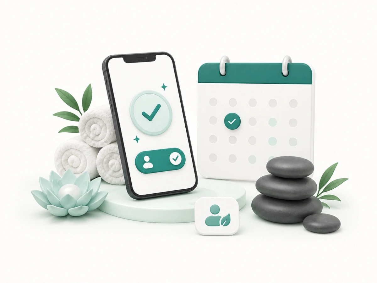 Spa towels and lotus beside a confirmed booking on a phone